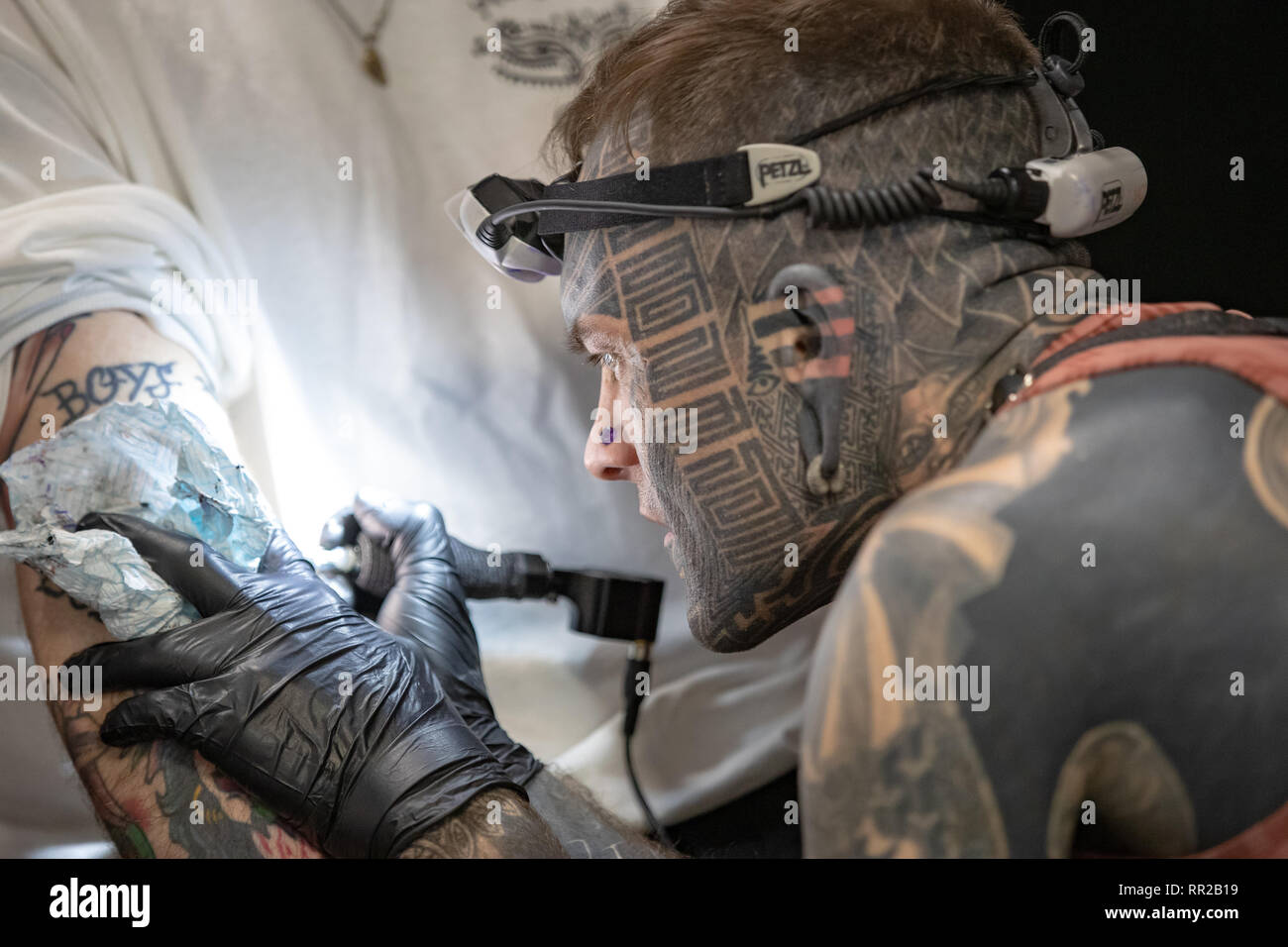 Brighton, UK. 23 Feb, 2019. Tattoo Künstler arbeitet auf einem Client am 12. jährlichen Brighton Tattoo Convention am Brighton Centre, England. Credit: Jason Richardson/Alamy leben Nachrichten Stockfoto