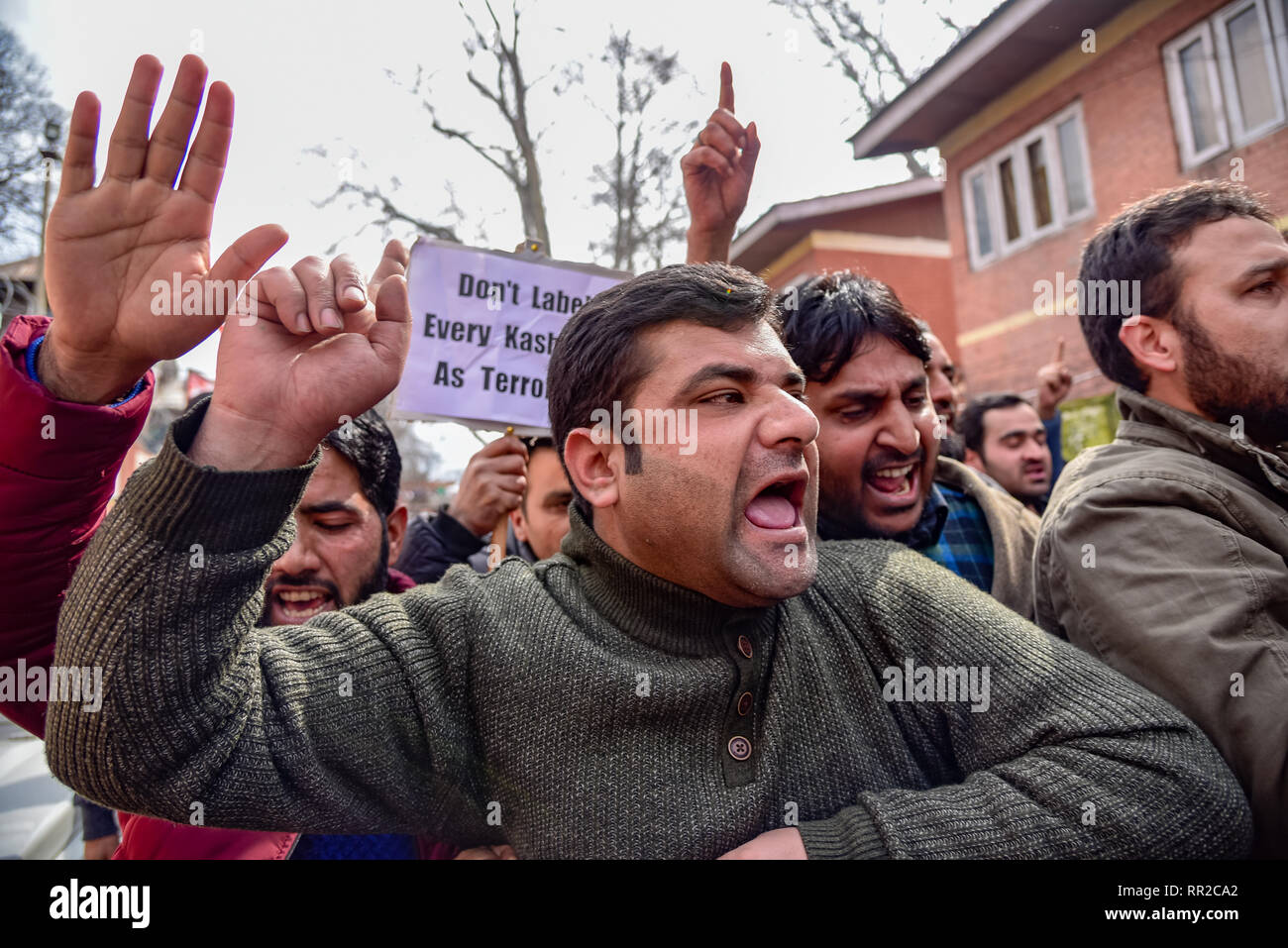 Mitglieder der Pro-India politische Partei (Nationale Konferenz) riefen Slogans während des Protestes in Srinagar. Indiens oberstes Gericht bestellt, staatliche Behörden, Bedrohungen, Angriffe und sozialen Boykott von Tausenden von Studenten in Kaschmir, Händler und Fachleute in einem scheinbaren Vergeltung für die Ermordung von 49 Indischen paramilitärische Soldaten in einem Selbstmordattentat im pulwama Kaschmir letzte Woche zu stoppen. Menschen haben protestiert gegen Angriffe der staatlichen Behörden. Stockfoto