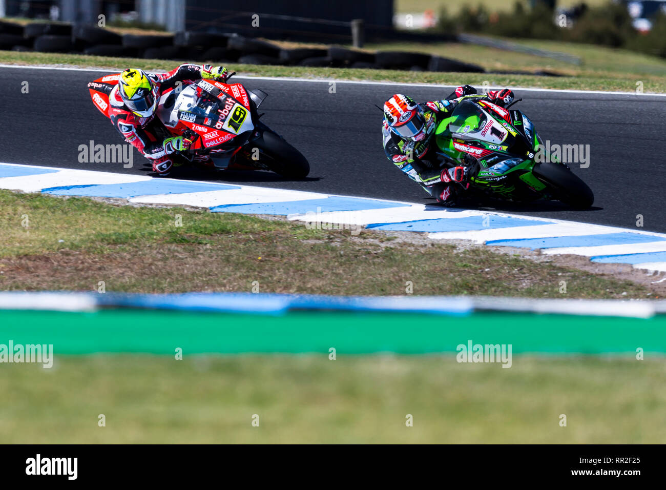 Phillip Island, Australien. 24 Feb, 2019. World Superbikes Meisterschaft, Race Day; Jonathan Rea, Alvaro Bautista in der superpole Rennen Credit: Aktion plus Sport/Alamy leben Nachrichten Stockfoto