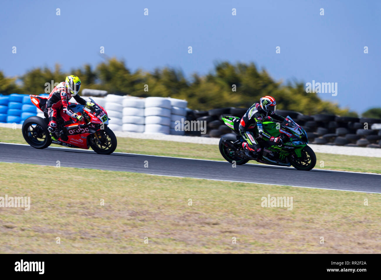 Phillip Island, Australien. 24 Feb, 2019. World Superbikes Meisterschaft, Race Day; Jonathan Rea, Alvaro Bautista in der superpole Rennen Credit: Aktion plus Sport/Alamy leben Nachrichten Stockfoto