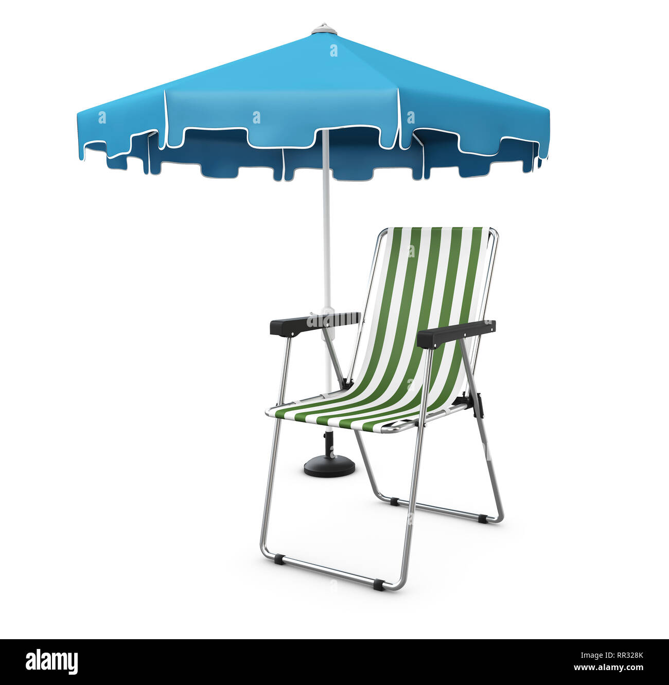 Urlaub und Reisen Konzept. Sonnenschirm, Liegestuhl 3d-Abbildung. Stockfoto
