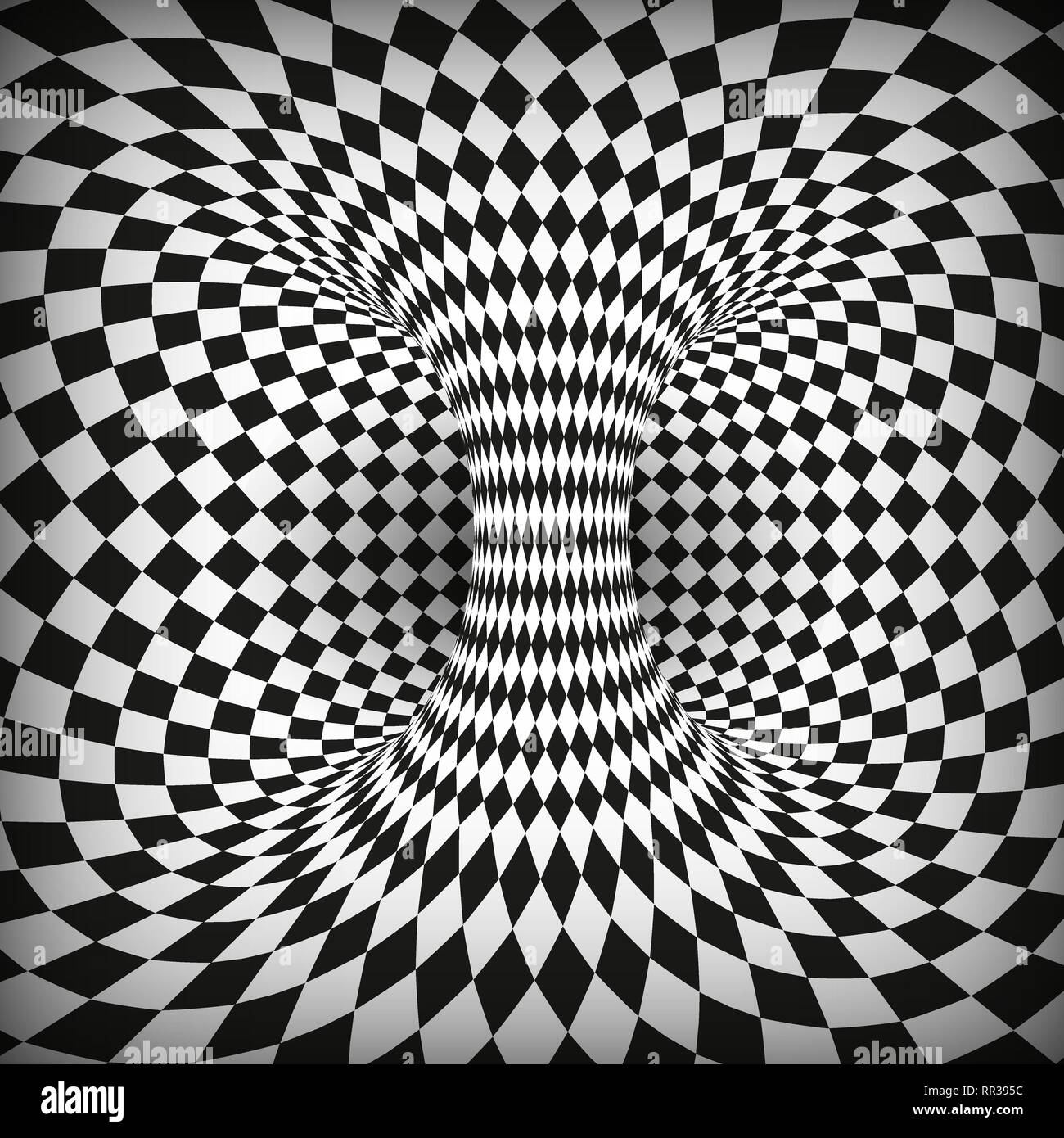 Geometrische quadratische Schwarze und Weiße optische Täuschung. Abstrakte Wurmloch Tunnel. Verzerren von Raum und Zeit. Vector Illustration Stock Vektor