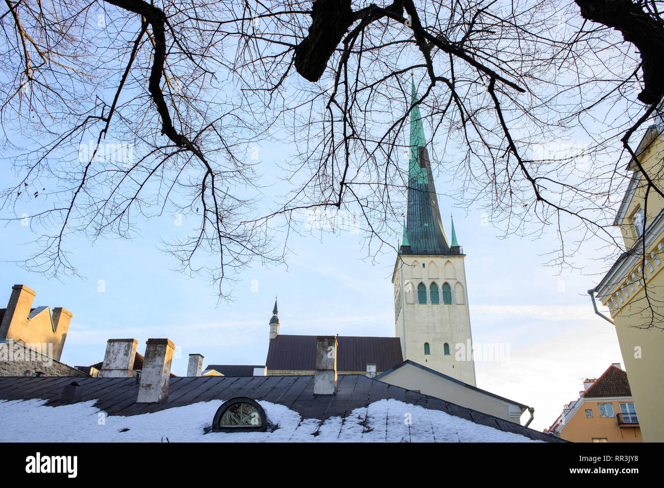 Blick auf St. Olaf s oder Oleviste Kirche unter die Dächer Tallinns Altstadt. Wahrzeichen von Estland. Europa touristische Attraktionen. Baltischen Staaten. Stockfoto