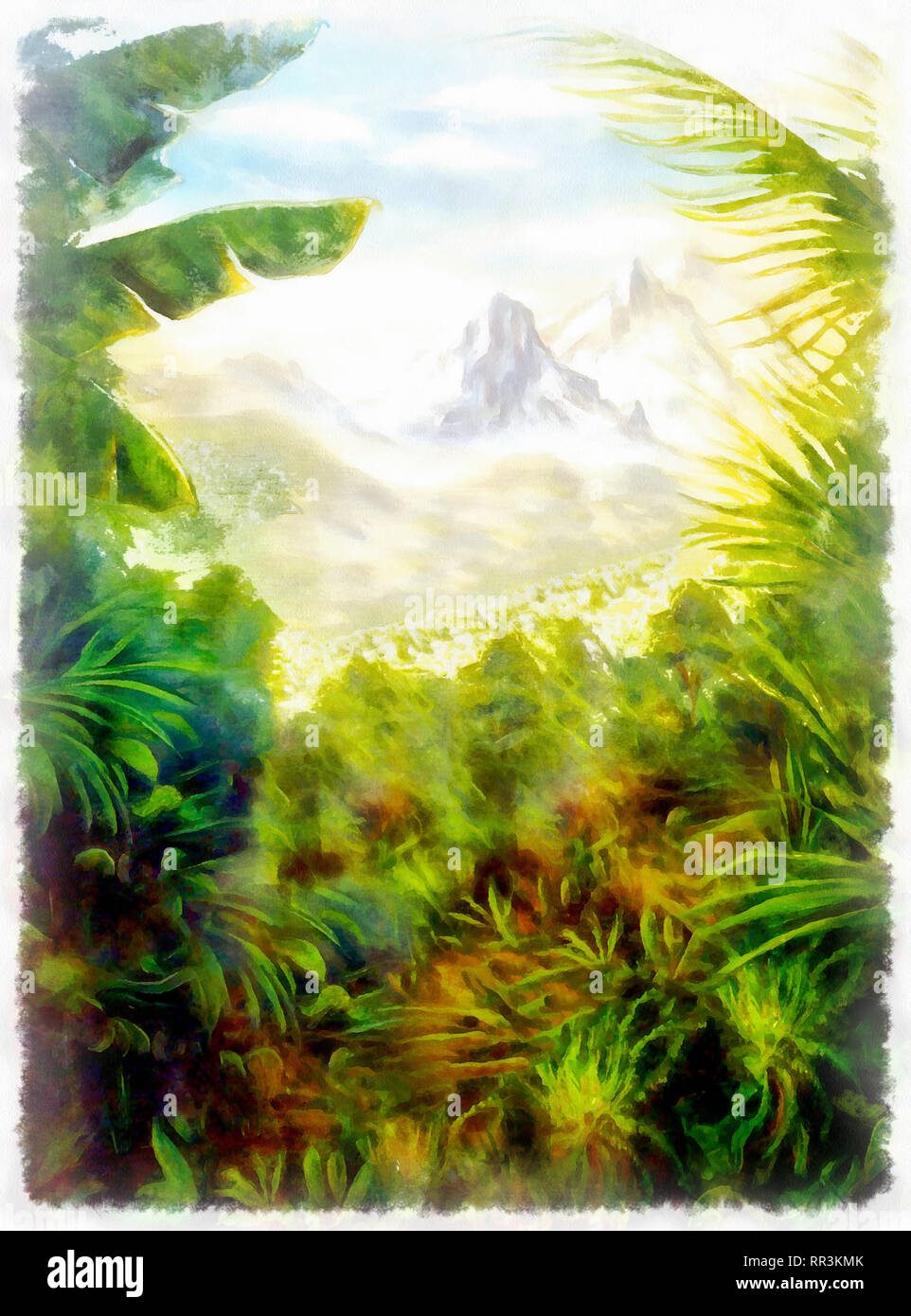 Panoramatic Blick Auf Tropische Landschaft Mit Uppiger Bepflanzung Und Die Berge Im Hintergrund Malen Mit Grafischen Effekt Stockfotografie Alamy
