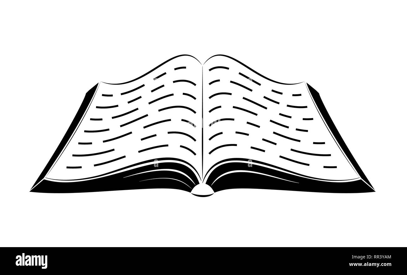 Ein offenes Buch auf dem Tisch. Einfachen schwarzen Umrissen. Logo oder Emblem einer Buchhandlung oder Knowledge Base. FAQ Stock Vektor