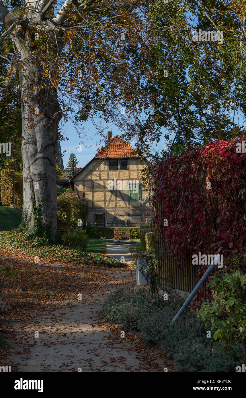 Ansicht zu einem alten Fachwerkhaus in das deutsche Dorf Blankenburg im Herbst Stockfoto