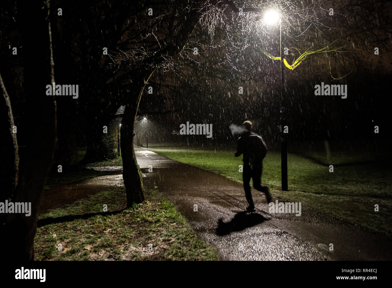 Ein Mann läuft durch einen Park in der Nacht im strömenden Regen Stockfoto