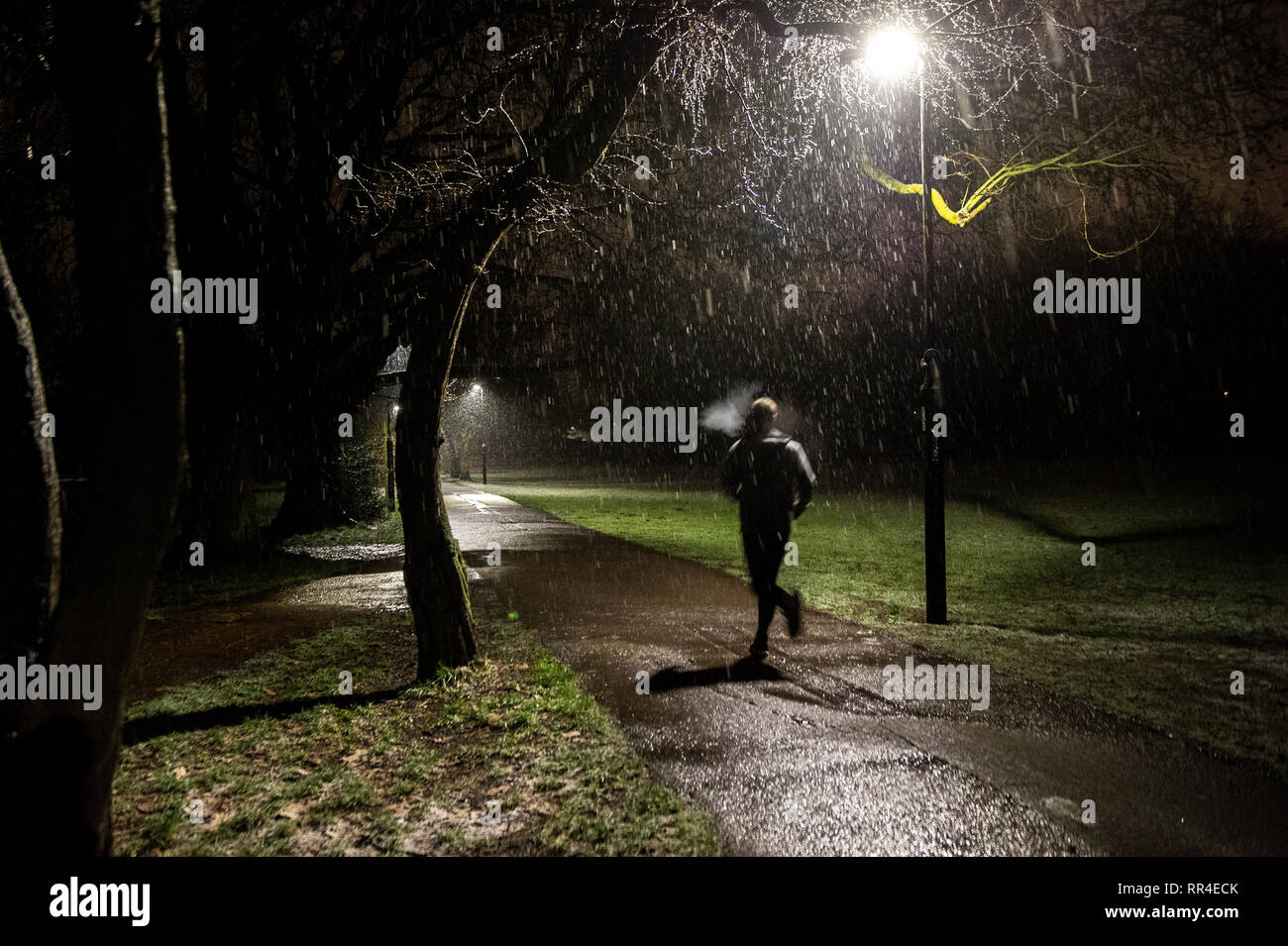 Ein Mann läuft durch einen Park in der Nacht im strömenden Regen Stockfoto