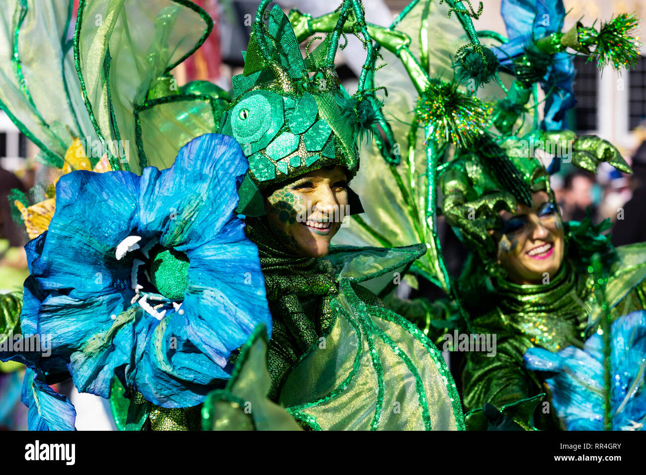 Samba Louco aus Hamburg mit ihren Kostümen, Insekten und Blumen. Samba Karneval in Bremen, Deutschland Stockfoto