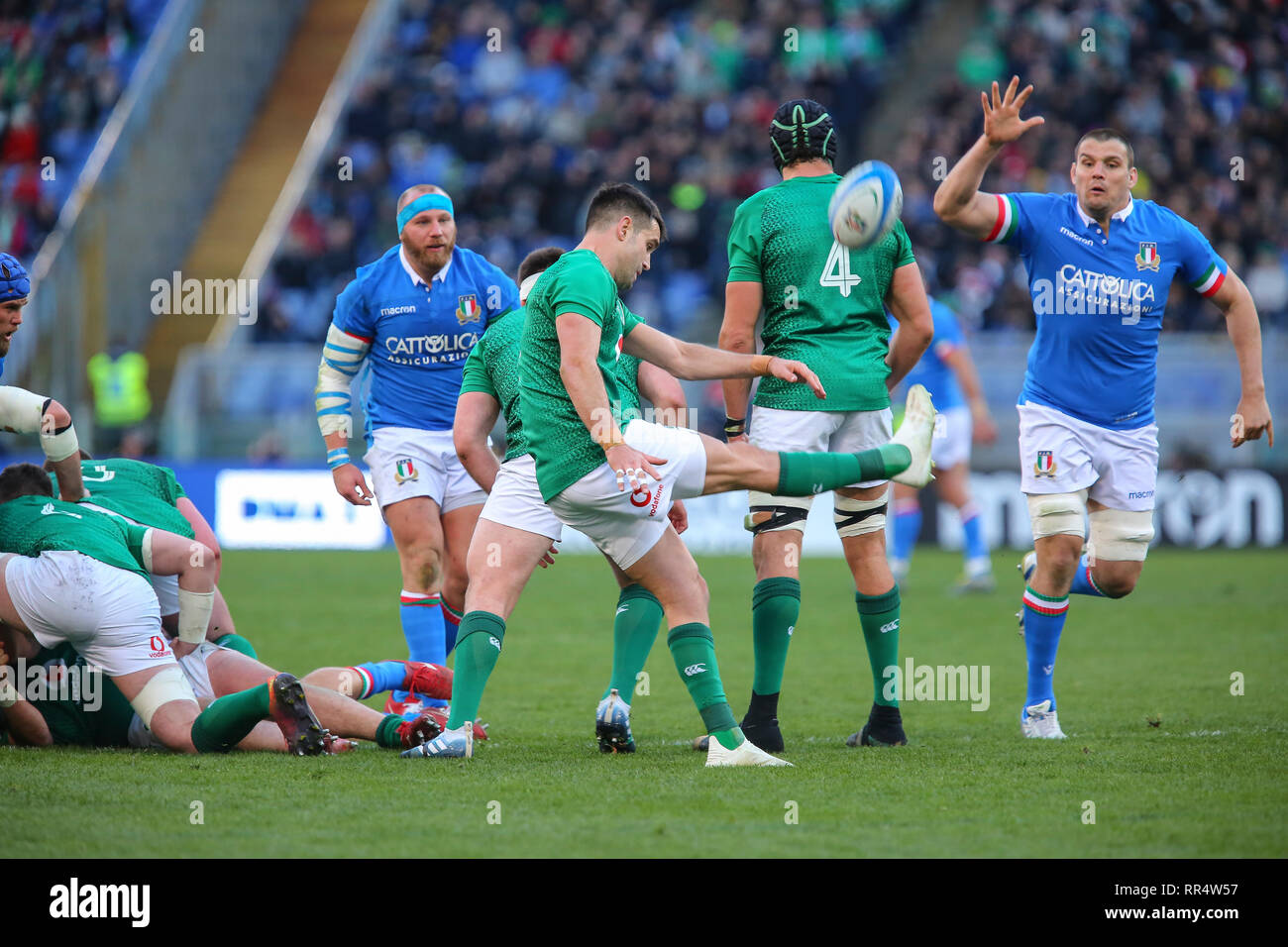 Rom, Italien. 24. Februar, 2019. Irlands Scrum Hälfte Conor Murray löscht mit einem Kick im Spiel gegen Italien in Guinness Six Nations 2019 © Massimiliano Carnabuci/Alamy leben Nachrichten Stockfoto