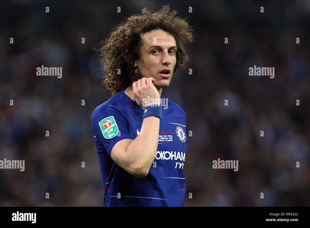 David Luiz von Chelsea an schaut. Carabao Cup Finale Chelsea V Manchester City im Wembley Stadion in London am Sonntag, den 24. Februar 2019. Dieses Bild dürfen nur für redaktionelle Zwecke verwendet werden. Nur die redaktionelle Nutzung, eine Lizenz für die gewerbliche Nutzung erforderlich. Keine Verwendung in Wetten, Spiele oder einer einzelnen Verein/Liga/player Publikationen. pic von Steffan Bowen/Andrew Orchard sport Fotografie/Alamy leben Nachrichten Stockfoto