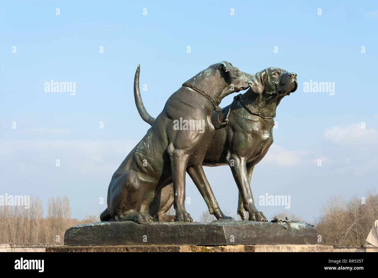 Statue (s) von Jagdhunden im Jahre 1880 Skulptur von Auguste Cain (1821-1894) am Eingang des Château de Chantilly, Oise, Frankreich Stockfoto