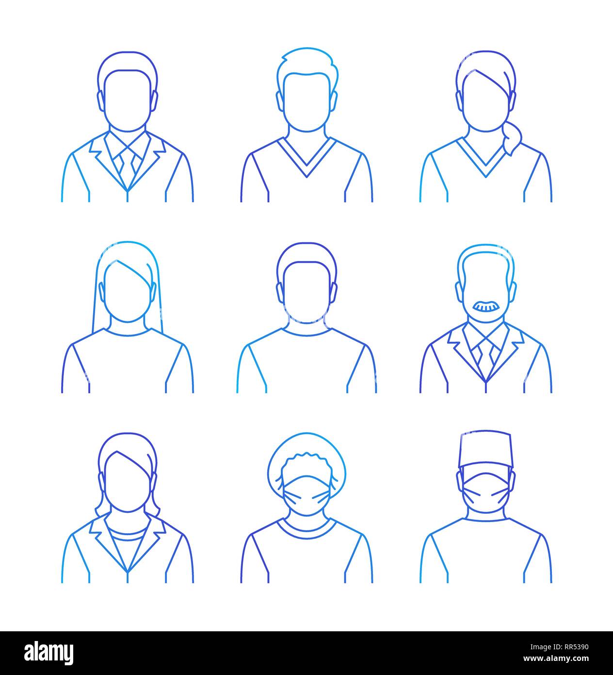 Das medizinische Personal Vektor dünne Linie Avatare. Spezialisten in den Krankenhäusern Symbole. Ärzte, Krankenschwestern, Assistenten, Patienten, Chirurg, Professor. Verschiedene health care m Stock Vektor