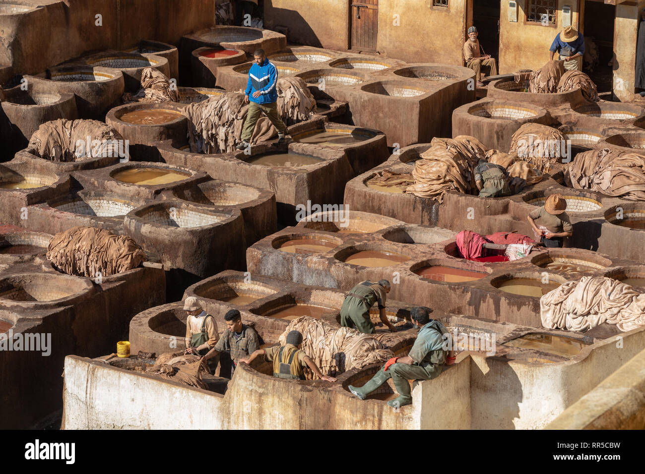 Die Arbeiter der Farbstoff Bottiche, Chouara Gerberei, Fes, Marokko Stockfoto