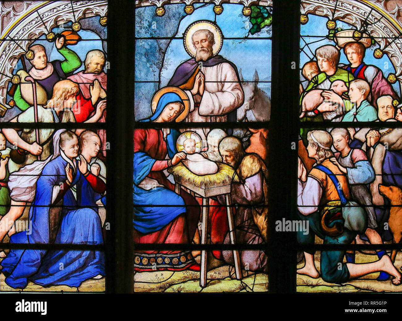Glasmalereien in der Kirche von St. Severin, Latin, Paris, Frankreich, eine Krippe zu Weihnachten Stockfoto