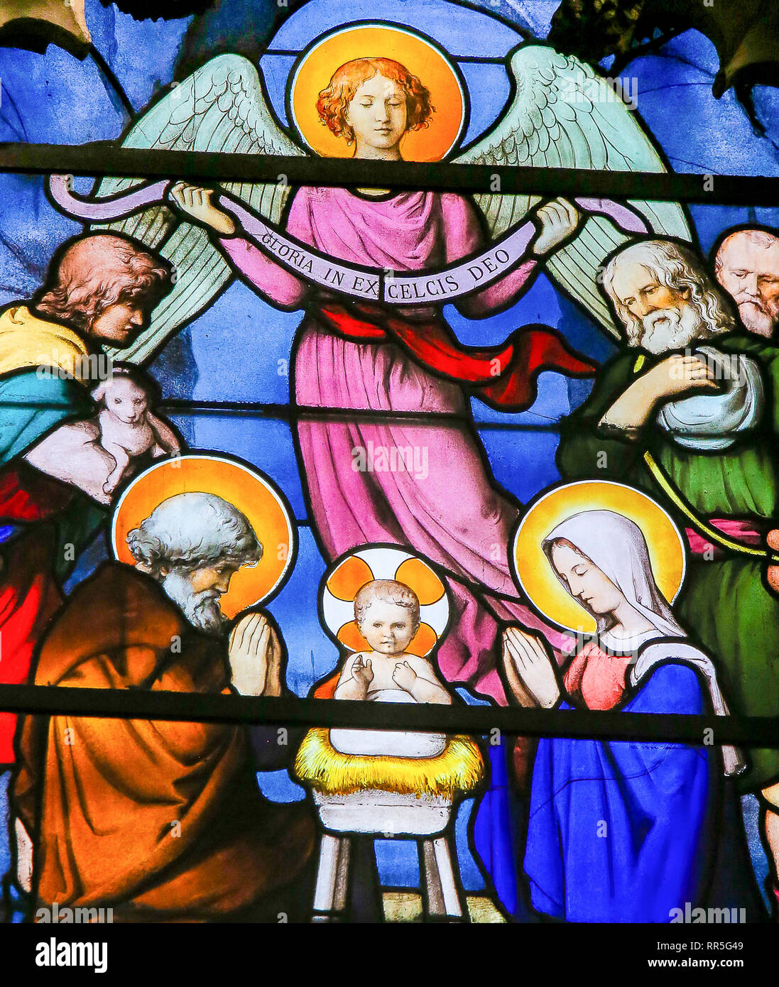 Glasmalereien in der Kirche von St. Severin, Latin, Paris, Frankreich, eine Krippe zu Weihnachten Stockfoto