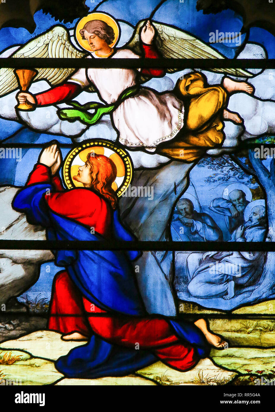Glasmalereien in der Kirche von St. Severin, Latin, Paris, Frankreich, mit Jesus im Garten Gethsemane Stockfoto