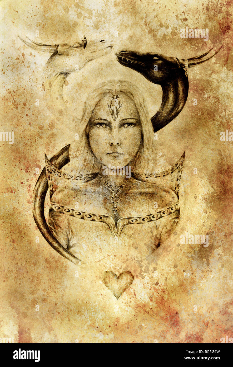 Zeichnung der mystischen junge Frau in historischen Kleid mit zwei Drachen Kopf über ihr. Stockfoto