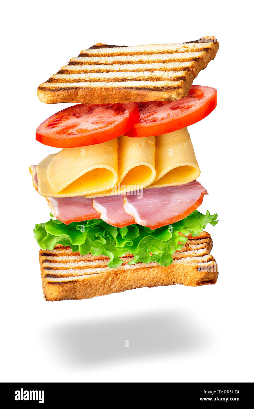 Sandwich mit fliegenden Zutaten Stockfoto