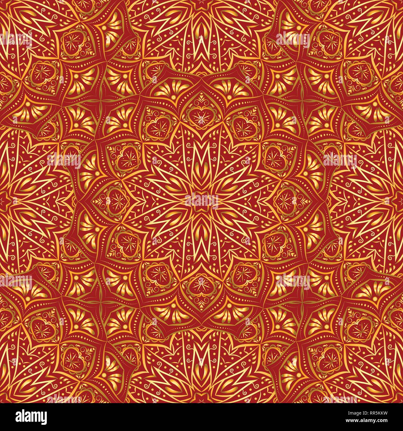 Golden Mandala nahtlose Muster auf rotem Hintergrund, im chinesischen Stil. Stock Vektor