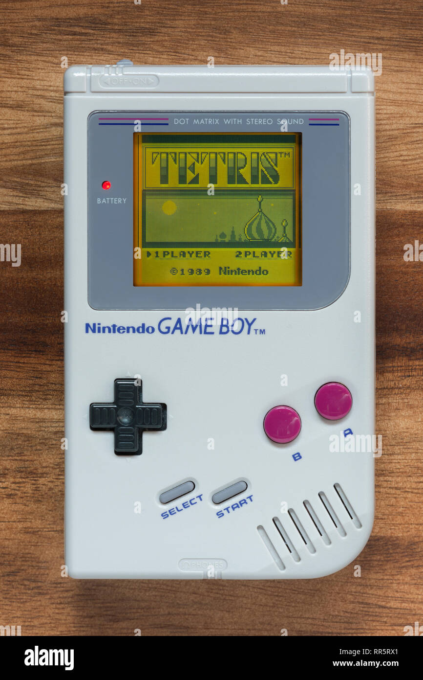 Der Startbildschirm des Spiels Tetris wie auf ein 1989 Nintendo Game Boy (nur redaktionelle Nutzung). Stockfoto