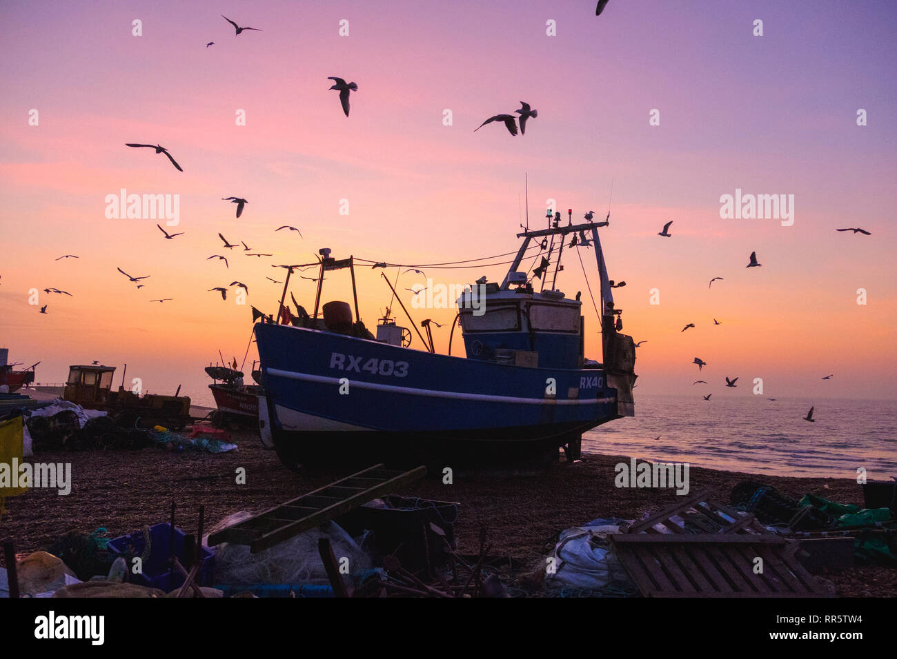 Hastings, East Sussex, Großbritannien. Februar 2019. Möwen wirbeln um Hastings Fischerboot bei einem nebligen Sonnenaufgang auf dem Old Town Stade Fischerboot Strand. Stockfoto