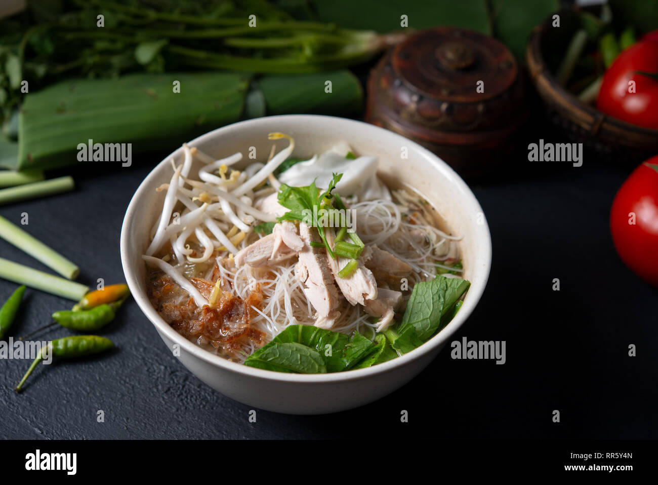 Asiatische Reisnudeln Suppe und Hühnchen in der Schüssel auf dunklem Hintergrund. Stockfoto