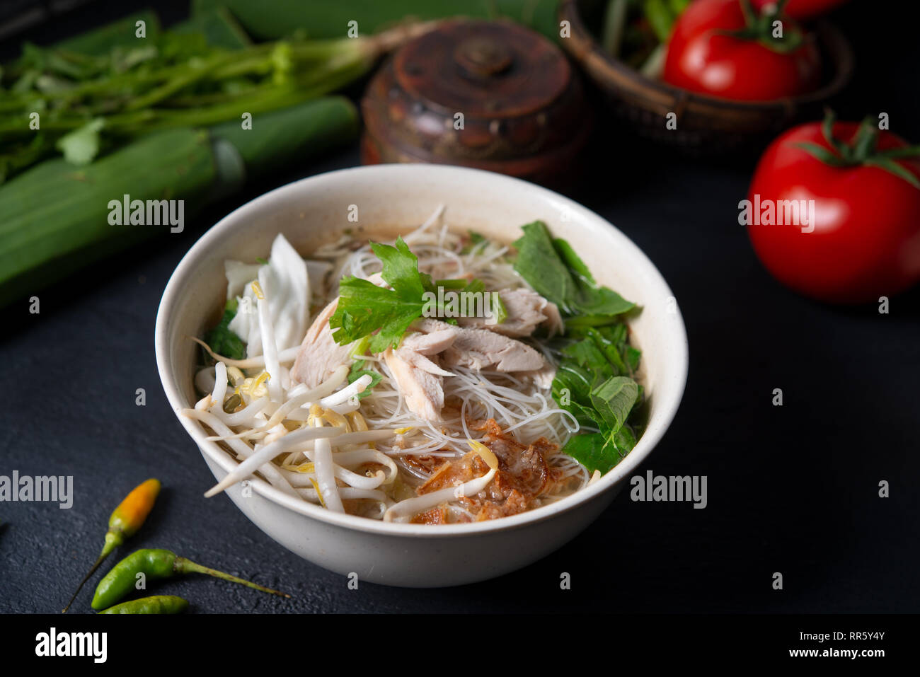 Indonesisches Hühnchen und Reis Nudelsuppe. Stockfoto