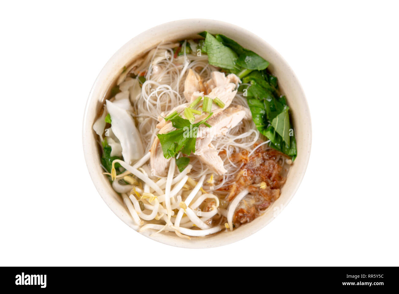 Asiatische Reisnudeln Suppe mit Gemüse und Huhn in der Schüssel. Ansicht von oben flach auf weißem Hintergrund. Stockfoto
