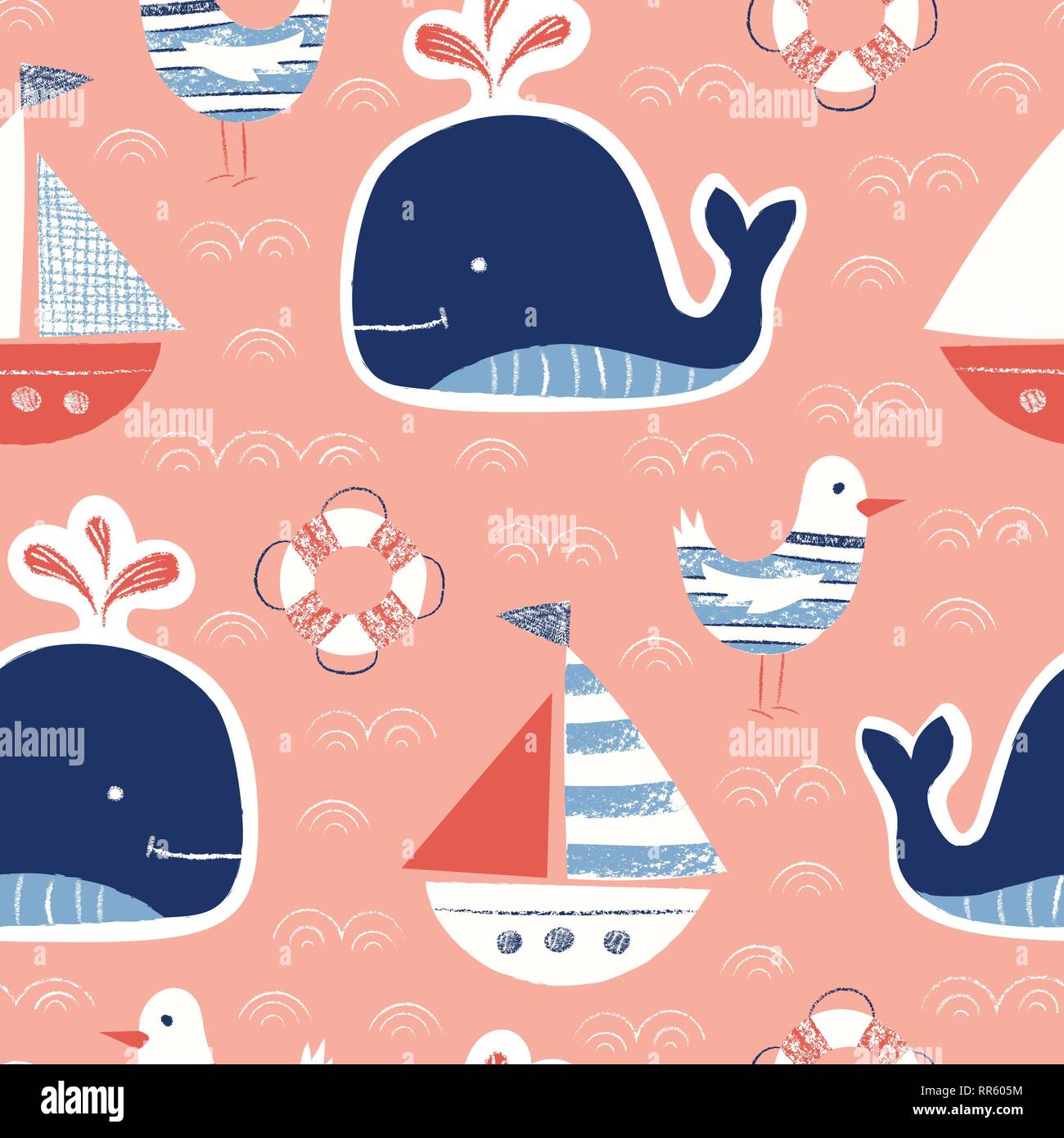 Whimsical niedlich, Hand-Drawn mit Buntstiften, Wal, Schiff, Seagull, Rettungsring Vektor nahtlose Muster. Nautische Hintergrund. Meer, Ozean Kreaturen Zeichnungen Stock Vektor