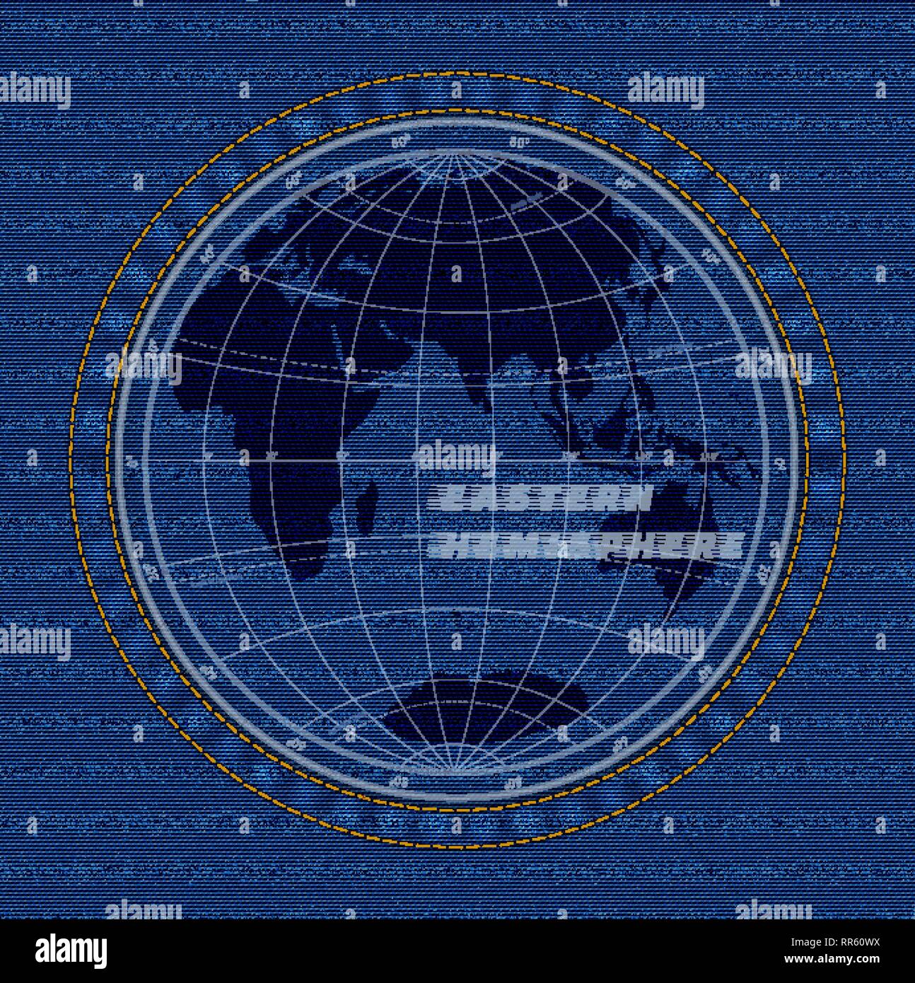 Östliche Hemisphäre Karte auf einer Jeans Textur Hintergrund Stock Vektor