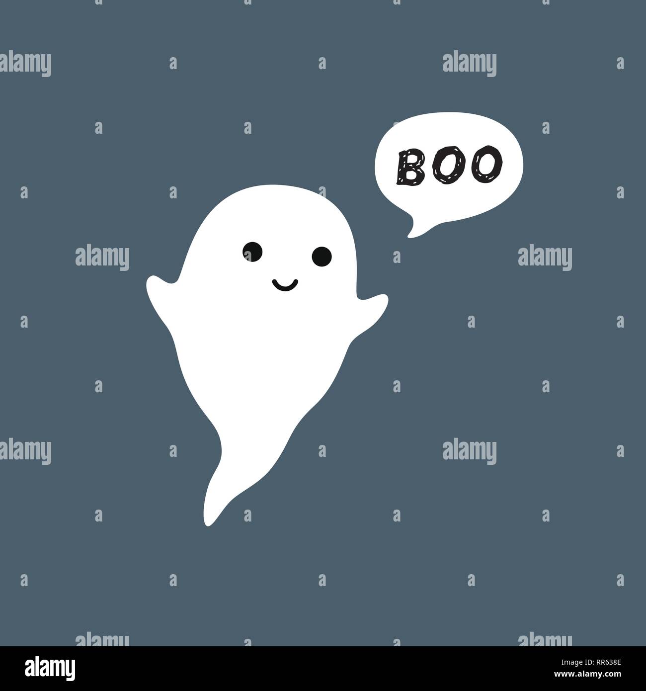 Süße kleine flying Ghost mit weißen Sprechblase Buh. Lächelndes Gesicht, Hände. Flache Bauform. Stock Vektor