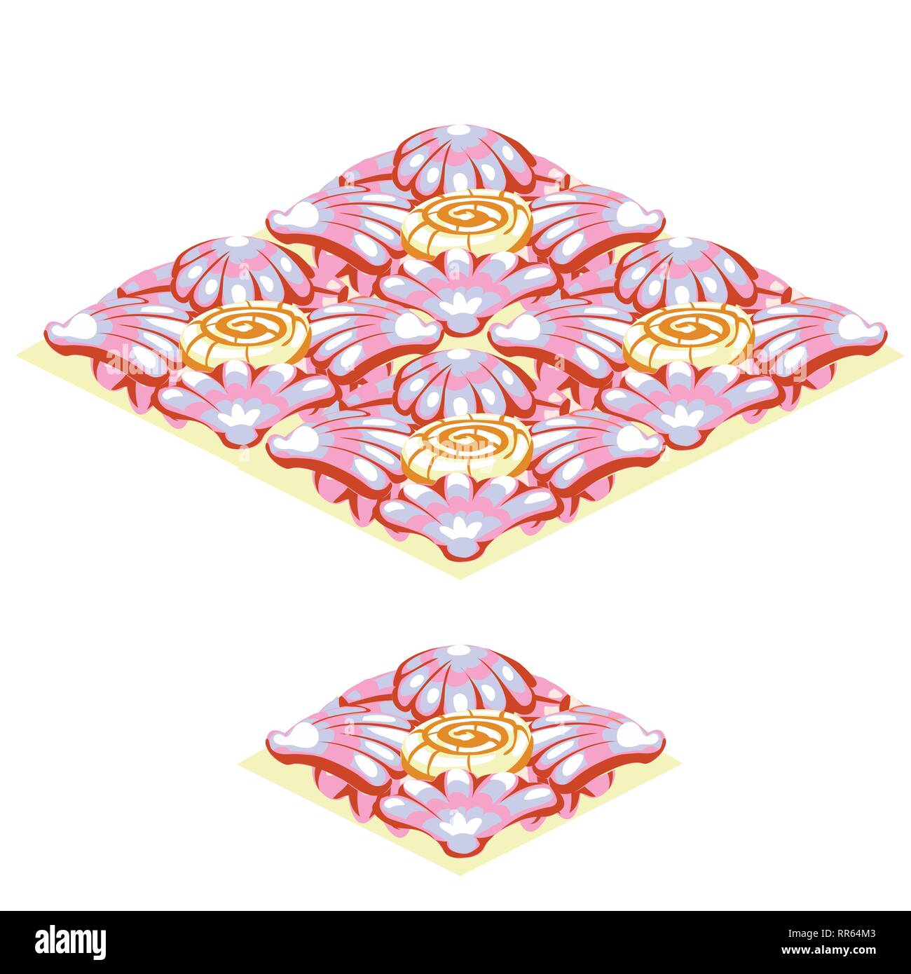 Satz von bodenfliese mit Textur rosa tropischen Muscheln im Sand auf weißem Hintergrund. Vektor cartoon Close-up Abbildung. Stock Vektor