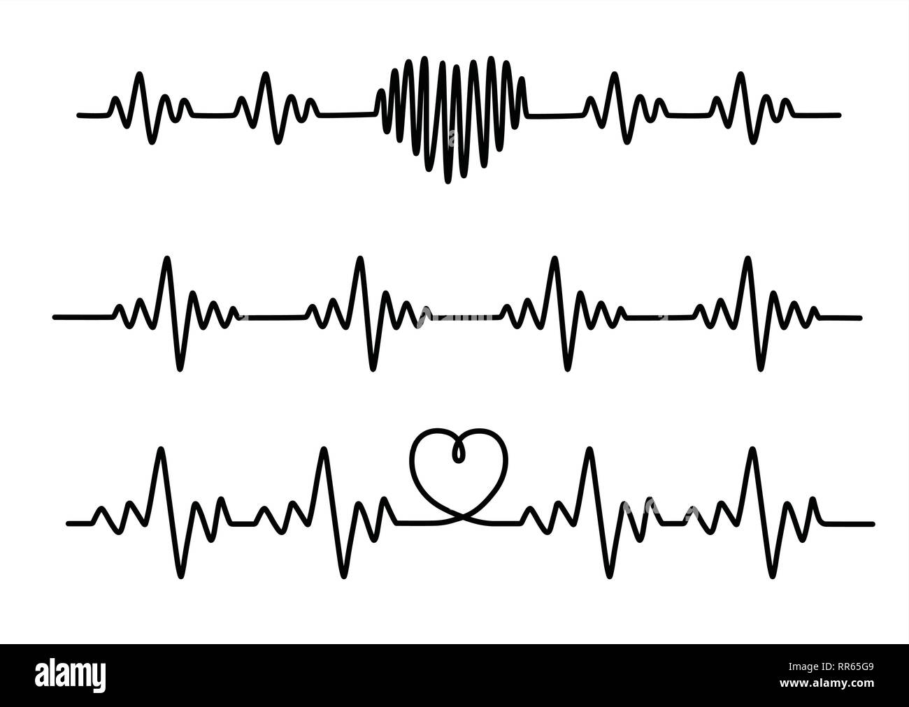 Set schwarz Elektrokardiogramm Linien auf weißem Hintergrund. Stock Vektor