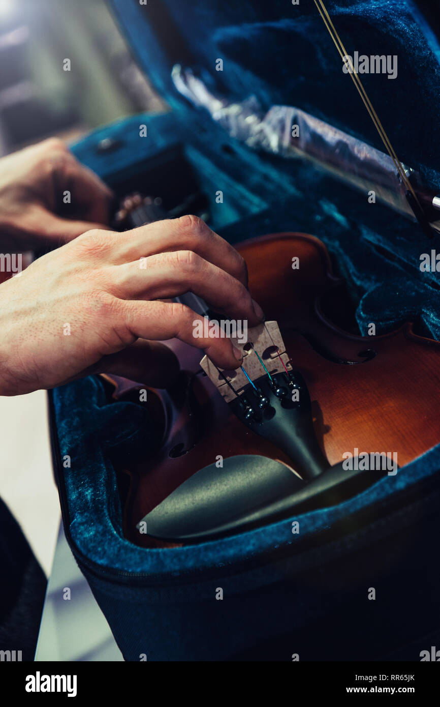Hände zu halten oder Violine auf seinen Fall speichern. Blue Velvet Violine bei Music Store. Stockfoto