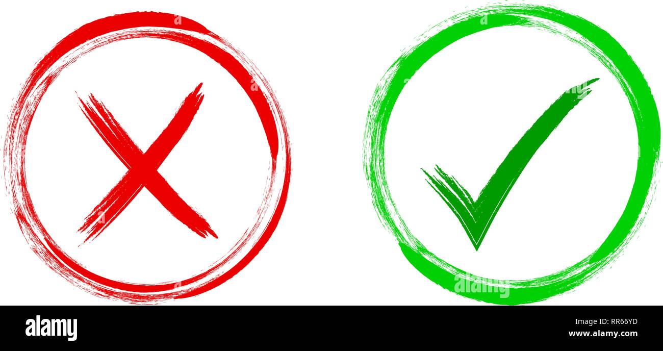 Tick und Kreuz Zeichen. Grünes Häkchen OK und rotes X Symbole, einfache Markierungen Grafik Design. Symbole "JA" und "NEIN" zur Abstimmung, box Liste Symbole prüfen. Prüfen Stock Vektor