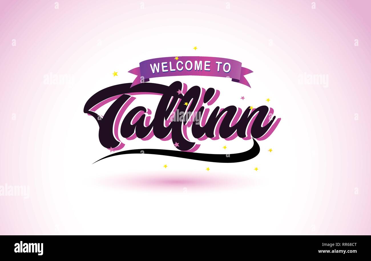 Tallinn Willkommen bei kreativen Text handgeschriebene Schrift mit Lila Rosa Farben Design Vector Illustration. Stock Vektor