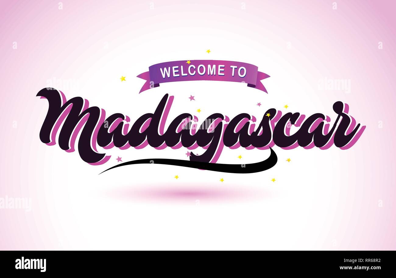 Madagaskar Willkommen bei kreativen Text handgeschriebene Schrift mit Lila Rosa Farben Design Vector Illustration. Stock Vektor