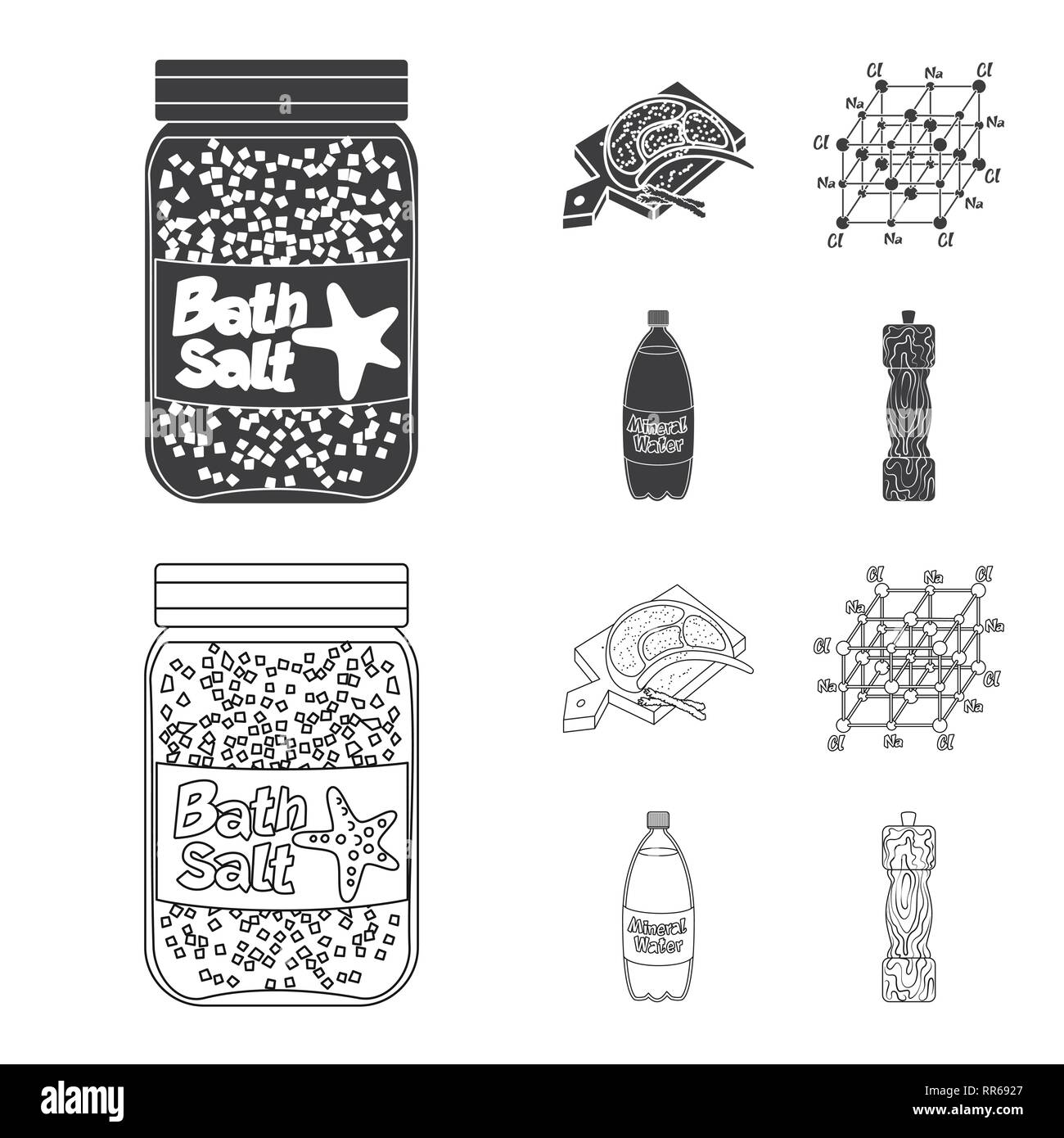 Flasche, Fleisch, Wasser, Salzfass, salzig, Board, chemischen, Gewürze, Badewanne, Wellness, Restaurant, Holz-, Vintage, Streuen, sauber, Pulver, Container, weiss, Mühle, Mehl, Öl, Getreide, Behandlung, Picknick, Ökologie, Kunststoff, Kochen, Meer, Natur, Backen, Salz, Nahrungsmittel-, Natrium-, Mineral, Raw, Küche, Set, Vector, Icon, Illustration, isoliert, Sammlung, Design, Element, Grafik, Vektor, Vektoren, Stock Vektor