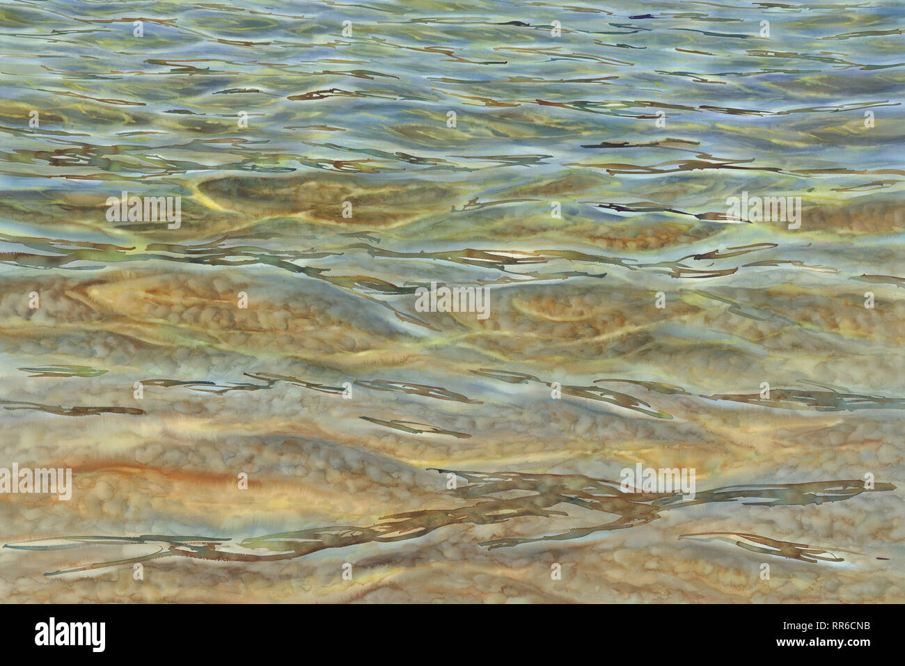 Sonnige Meer mit transparenten Wellen Aquarell Hintergrund Stockfoto