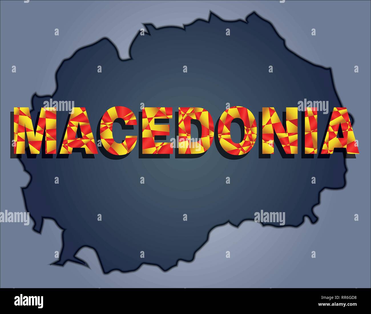 Die Konturen der Gebiet von Mazedonien in grauen Farben und Wort Mazedonien in den Farben der oficial Flagge, Rot und Gelb Stock Vektor