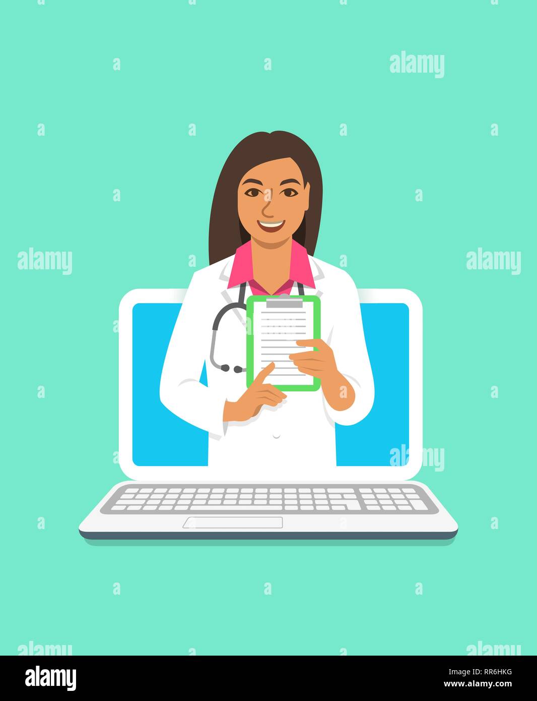 Online Arzt Konzept. Medizinische Konsultation per Internet. Vektor flachbild Abbildung. Healthcare Consulting Web Service. Indische Frau Arzt hält clipbo Stock Vektor