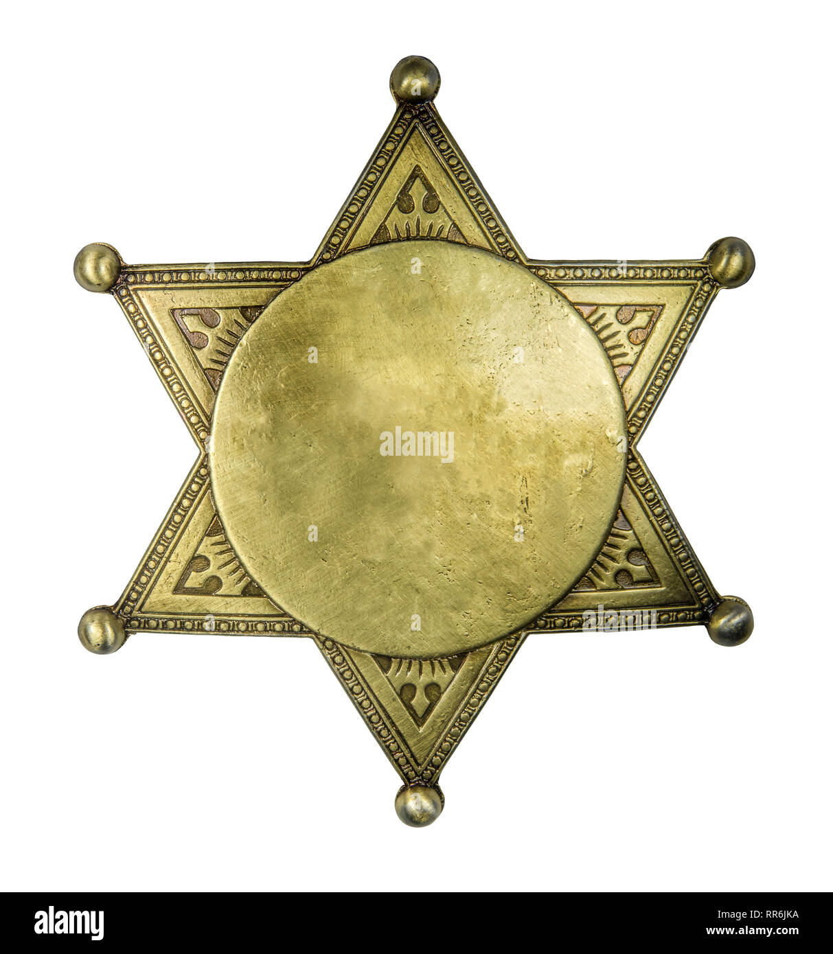 Isolierte Retro Vintage Brass Sheriff Style Star Badge leer für Ihren Text auf weißem Hintergrund Stockfoto