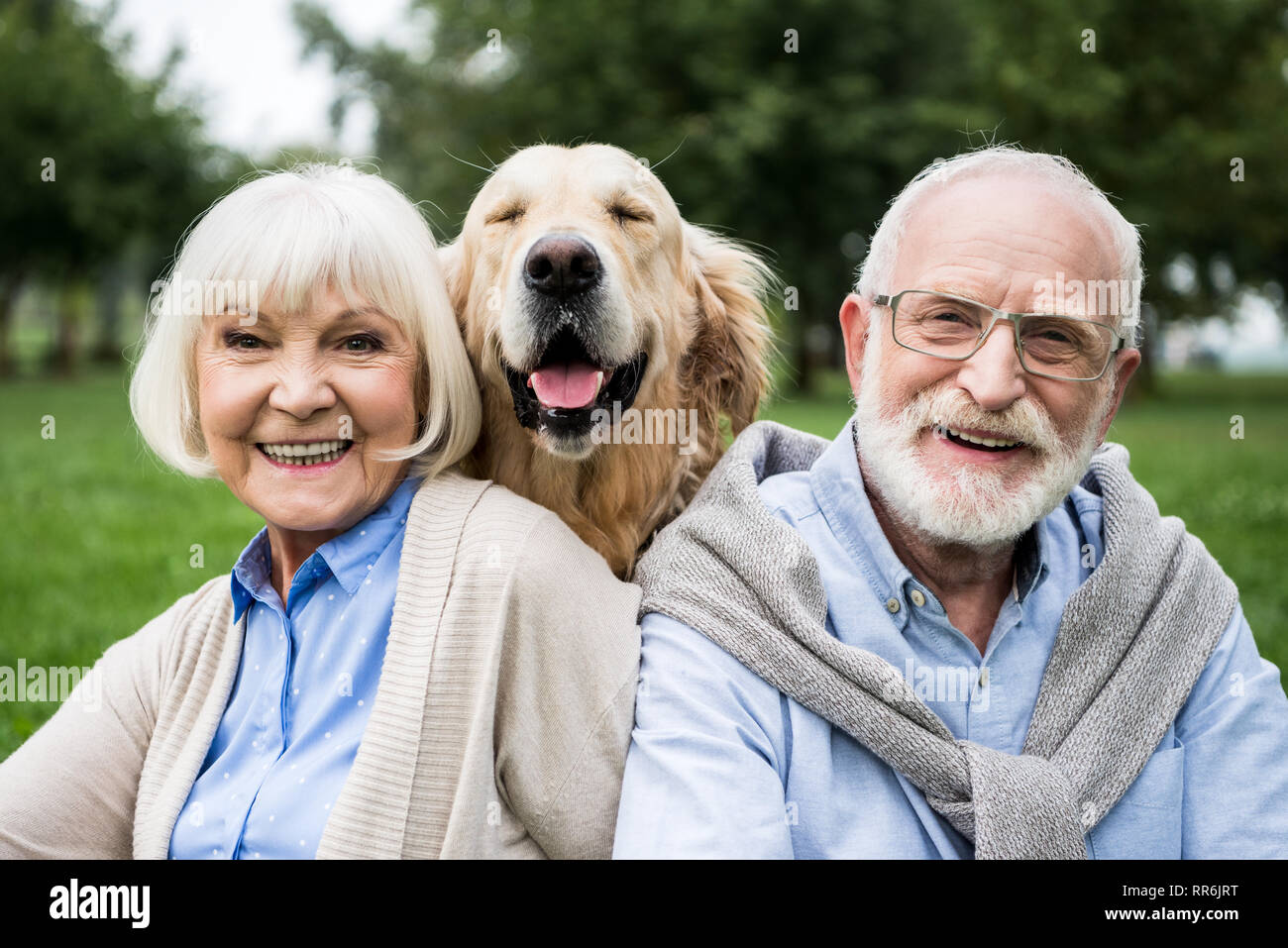 Gerne älteres Paar mit adorable Golden Retriever Hund im Park Stockfoto