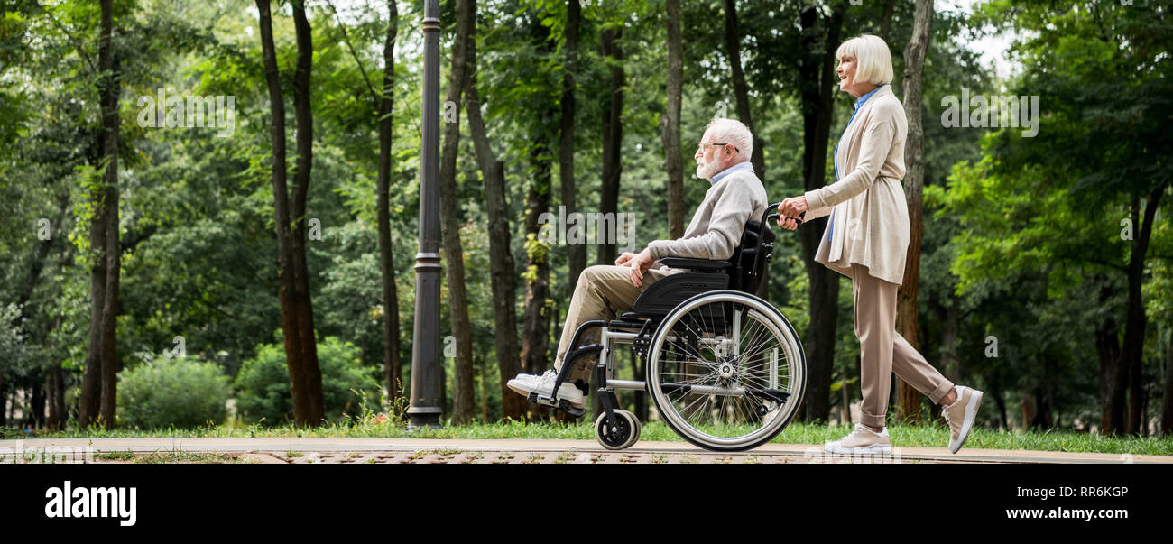Ältere Frau mit Mann im Rollstuhl spazieren im Park Stockfoto