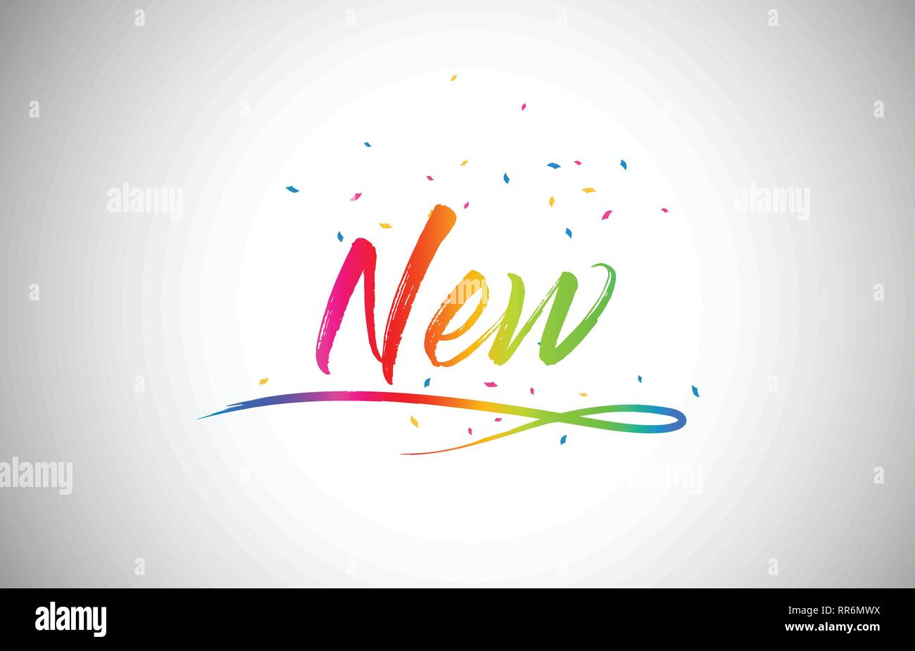 Neue kreative Wort Text mit handschriftlichen Rainbow lebendige Farben und Konfetti Vector Illustration. Stock Vektor