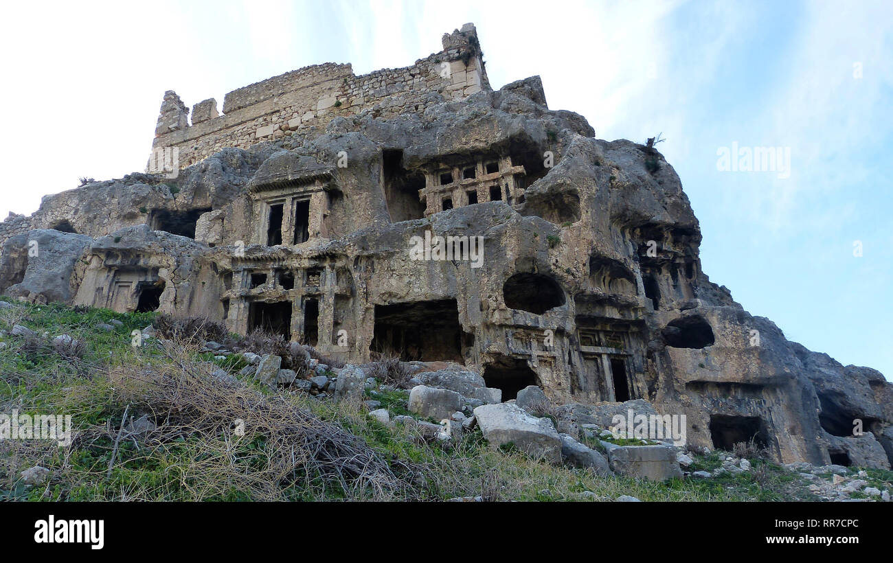 Antike Felsengräber von Tlos antiken Stadt in der Türkei. Stockfoto