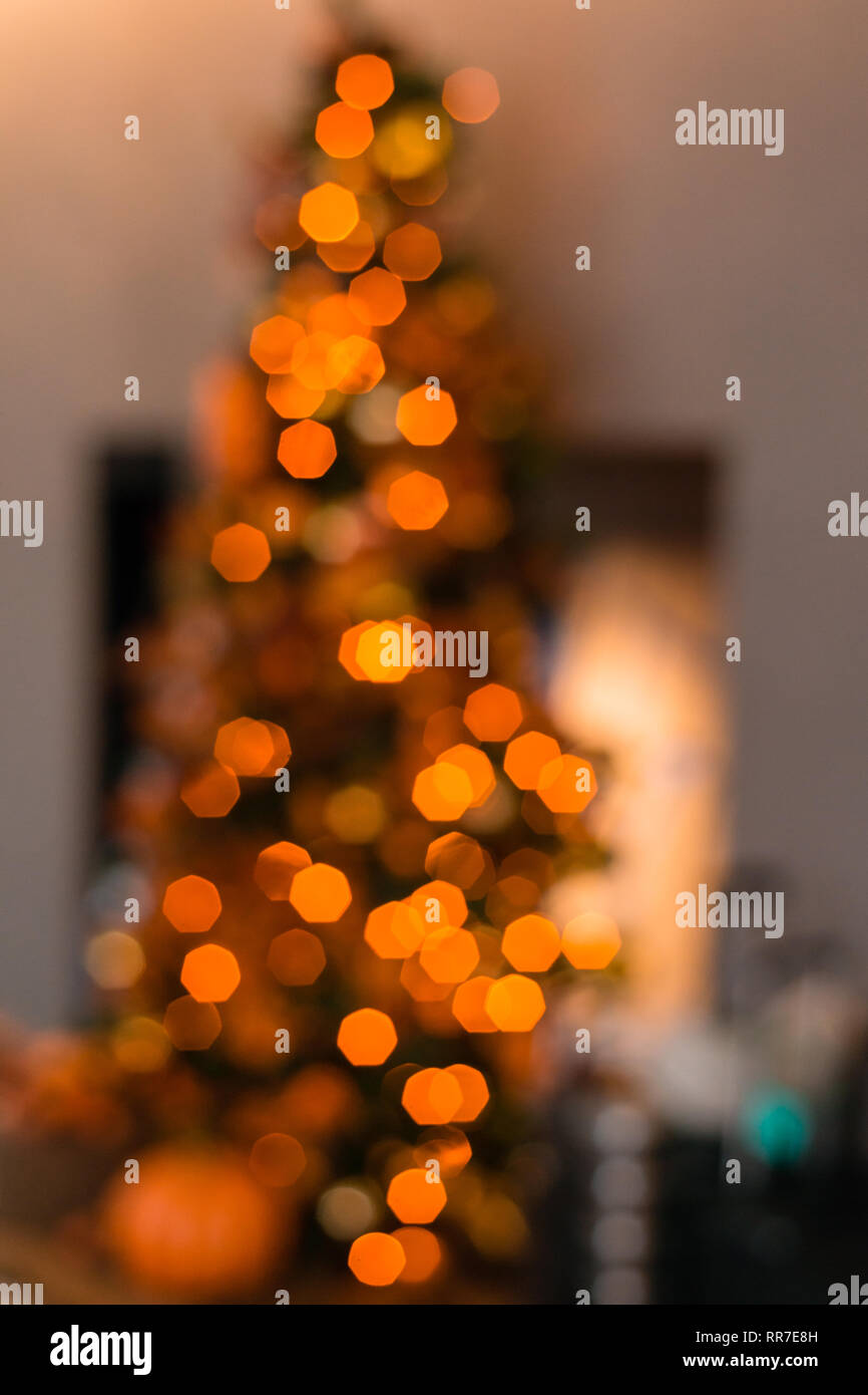 Weihnachtsbaum mit orange leuchtet, Anfang für Thanksgiving Stockfoto