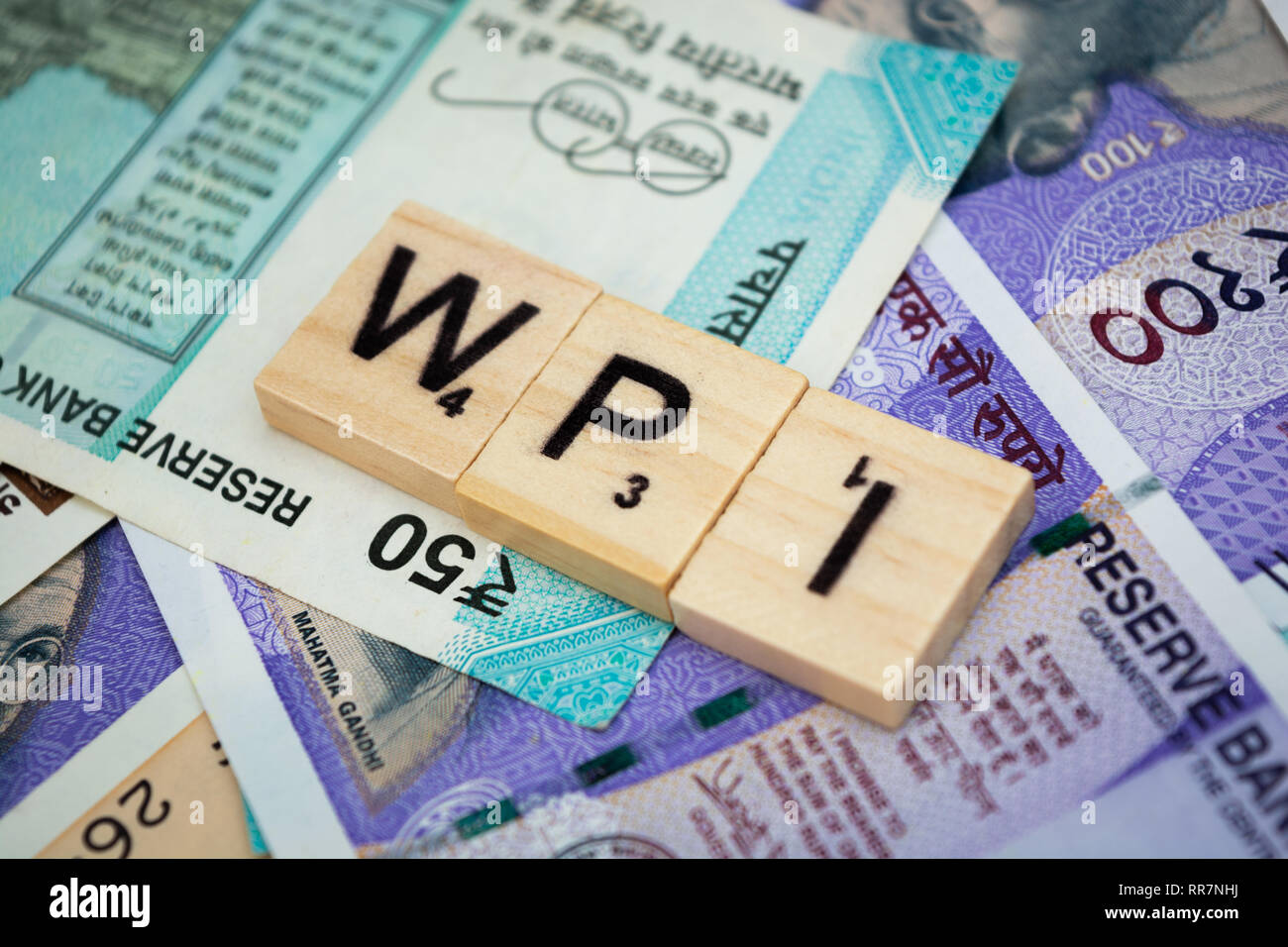 WPI Grosshandelspreisindex Wort auf der indischen Währung. Stockfoto