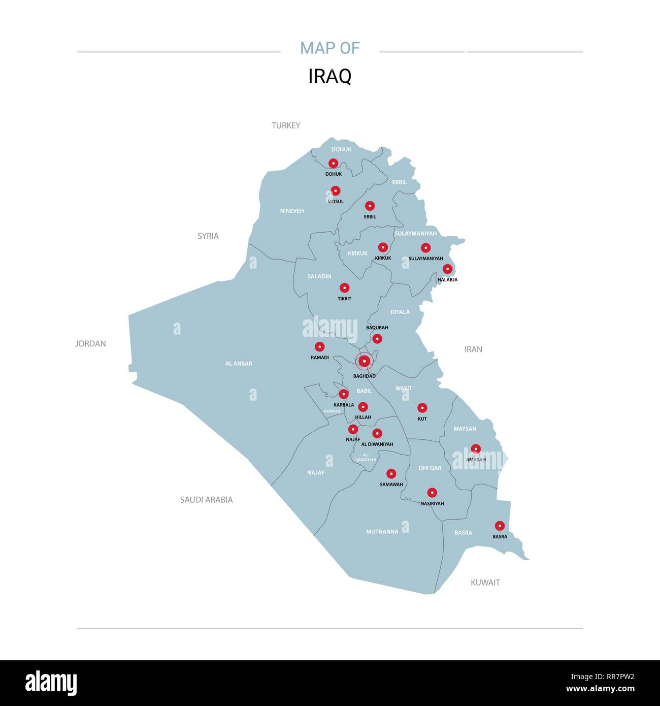 Irak Vektorkarte. Editierbare Vorlage mit Regionen, Städte, rote und blaue Fläche auf weißem Hintergrund. Stock Vektor